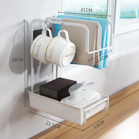 Wall-Mounted Sponge Holder & Kitchen Organizer – Dish Drainer, Soap Rack & Rag Rack with Drain Tray