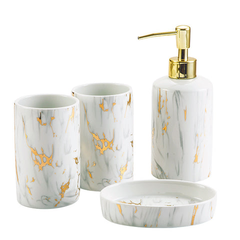 Luxury Marble Ceramic Bathroom Set – 5-Piece Wash Kit & Countertop Organizer