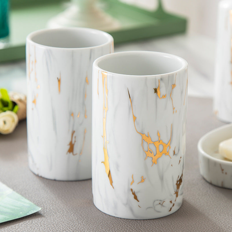 Luxury Marble Ceramic Bathroom Set – 5-Piece Wash Kit & Countertop Organizer